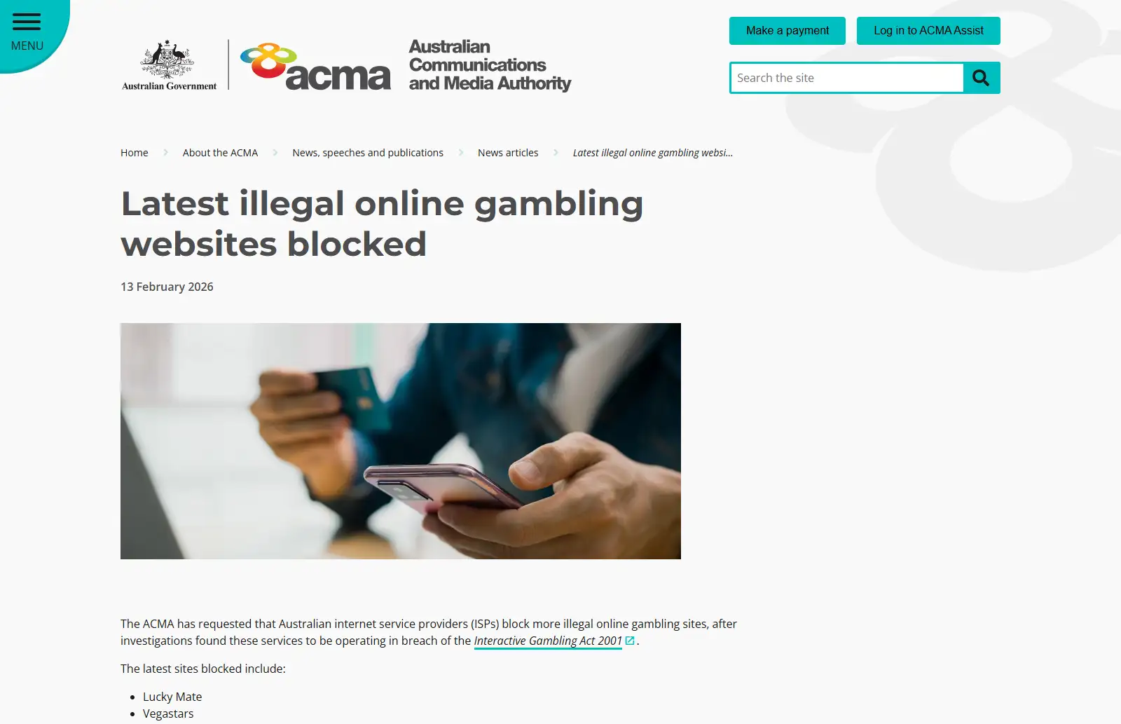 ACMA page naming Vegastars in a February 2026 website-blocking action