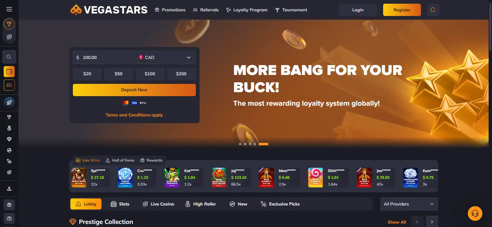 Current Vegastars Australia homepage view