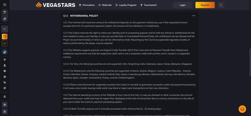 current official Vegastars withdrawal and payment terms