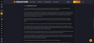 current official Vegastars withdrawal and payment terms