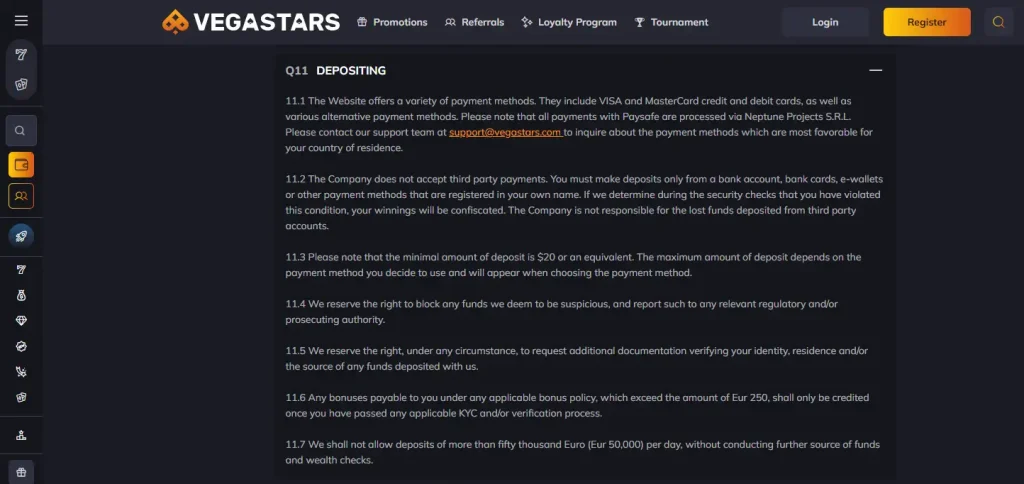 current Vegastars Australia payment or cashier information