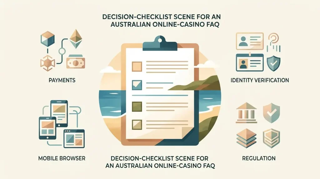 Editorial illustration of an Australian online casino FAQ checklist covering payments, verification, mobile use and regulation