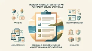 Editorial illustration of an Australian online casino FAQ checklist covering payments, verification, mobile use and regulation