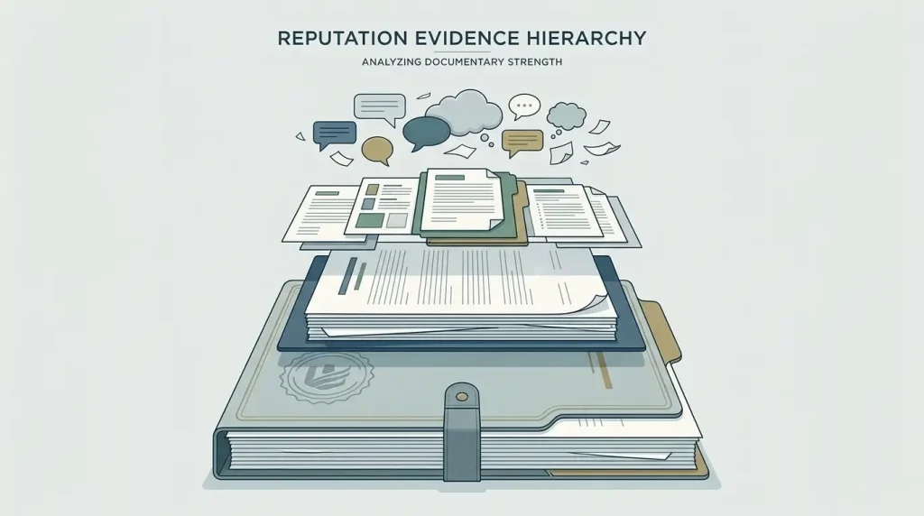 Editorial illustration of an evidence hierarchy from regulator records to user reports
