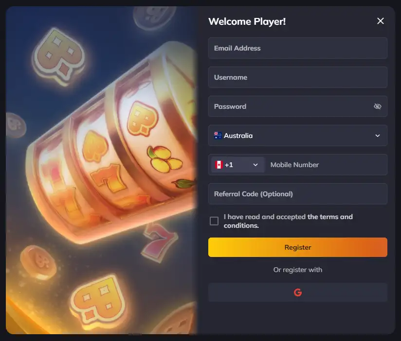 the current Vegastars Australia registration and login interface