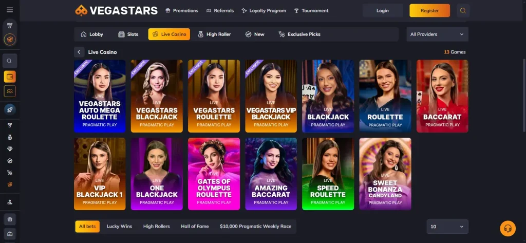 the current Vegastars live casino lobby