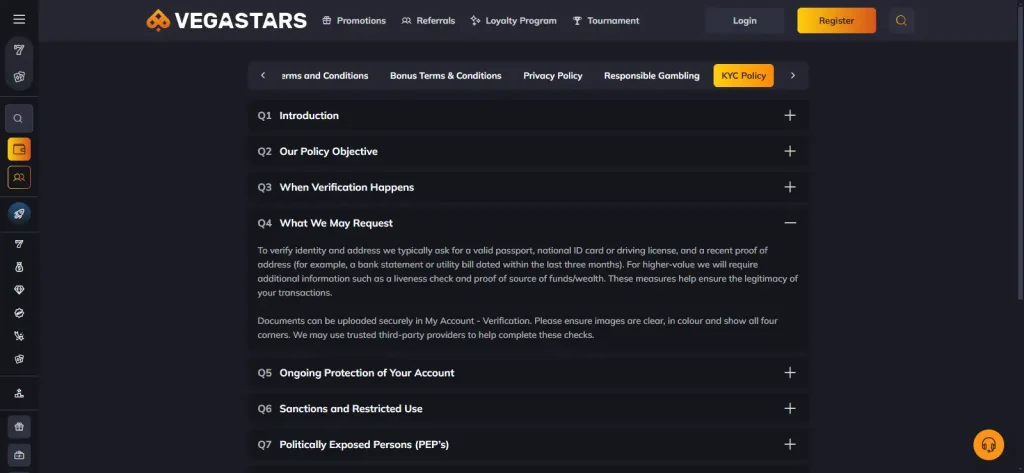 the official Vegastars KYC policy showing verification document categories