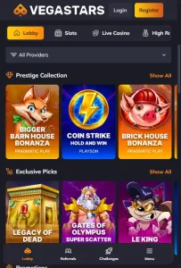 the Vegastars Australia site displayed in a mobile browser