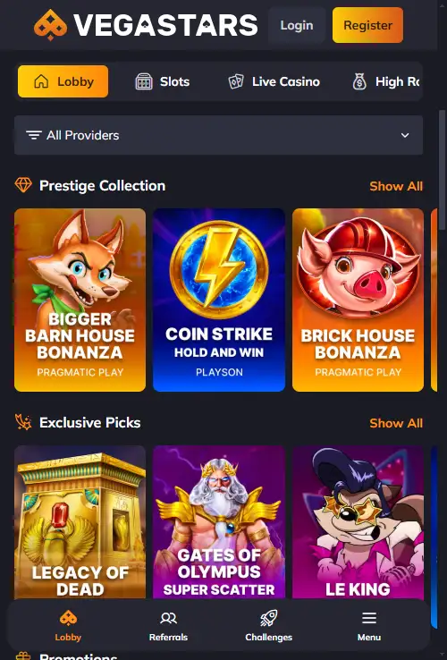 the Vegastars Australia site displayed in a mobile browser